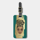 励ましの黒人女性、天然毛、金ゴールドグリーン ラゲッジタグ (正面縦)