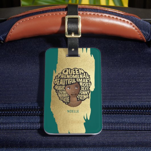 励ましの黒人女性、天然毛、金ゴールドグリーン ラゲッジタグ (正面インサイチュ2)