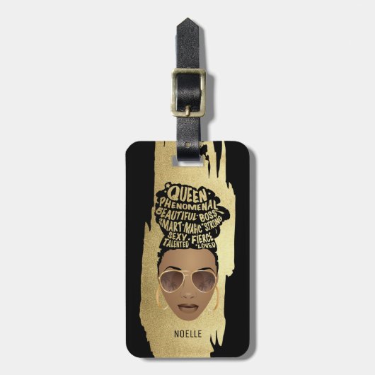 励ましの黒人女性、天然毛、金ゴールドブラック ラゲッジタグ (正面縦)