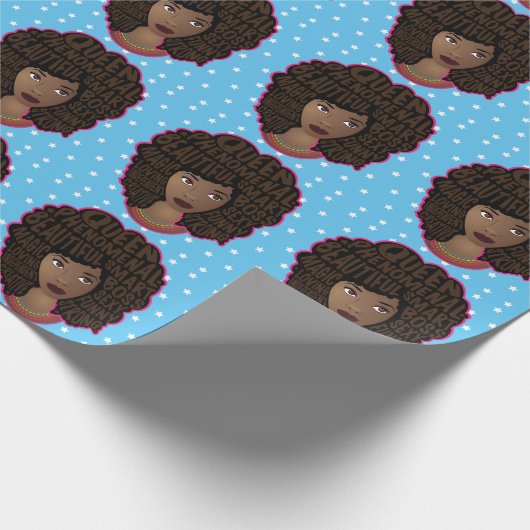 励ましの黒人女性，白い星模様，青 ラッピングペーパー (角)