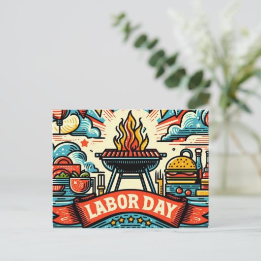 労働日のグリーティングのグリルとチル ポストカード (スタンド正面)