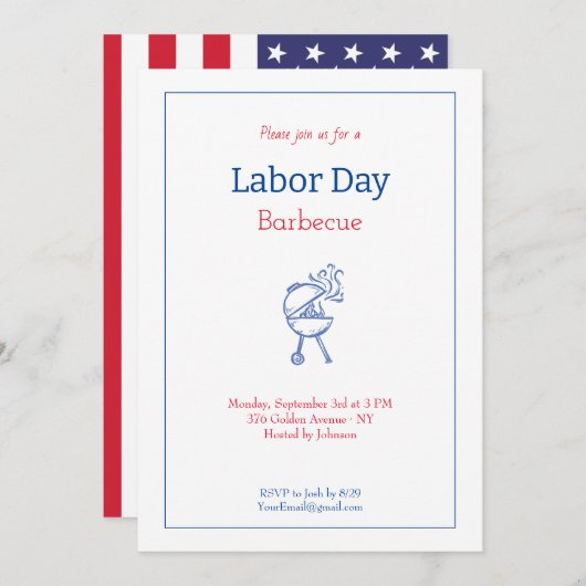 労働日バベキューパーティーミニマリスト 招待状 (正面/裏面)