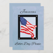 労働日ピクニック招待状、国旗、青空 招待状 (正面/裏面)