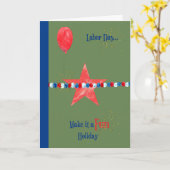 労働日，緑と星，風船，フェイクグリッター カード (黄色い花)