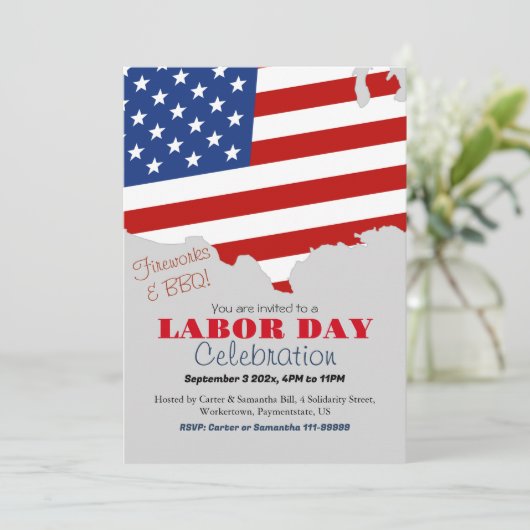 労働日BBQパーティー労働者愛国的アメリカ国旗 招待状 (スタンド正面)