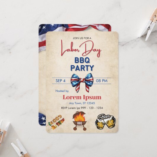 労働日BBQ招待状編集可能テンプレート 招待状 (正面/裏面インサイチュ)