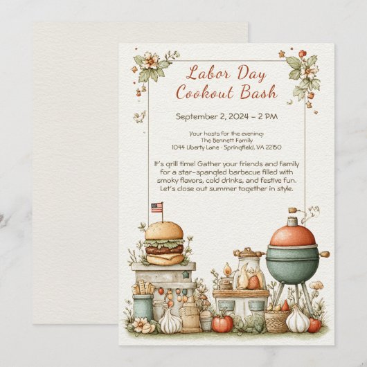 労働日BBQ赤と青 招待状 (正面/裏面)