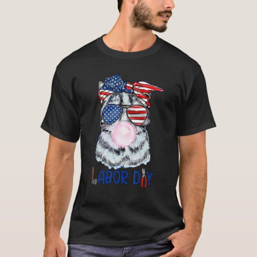 労働者の日のお祝い ネコ風船ガムアメリカ国旗 Tシャツ (正面)