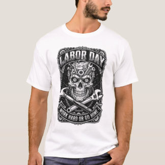 労働者の日 頑張るか帰るか メカニカル・スカル Tシャツ