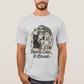 勇敢で、穏やかで、愛されている — かわいい動物トリオのハロウィン Tシャツ (正面)