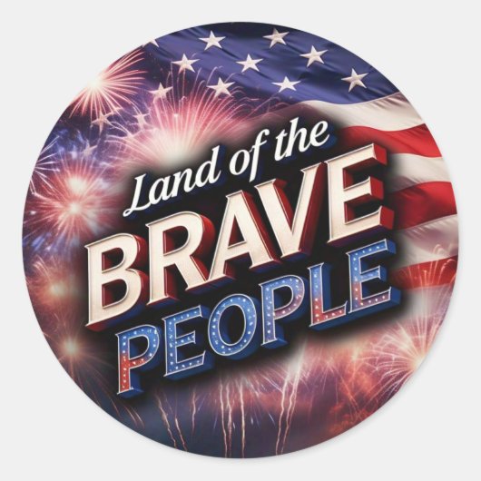 「勇敢な人の国」花火と米国国旗 ラウンドシール (正面)