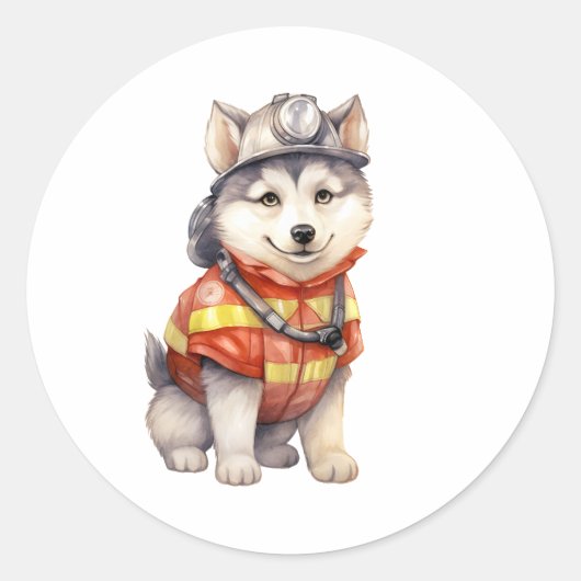 勇敢な消防士シベリアンハスキー犬の称賛 ラウンドシール (正面)