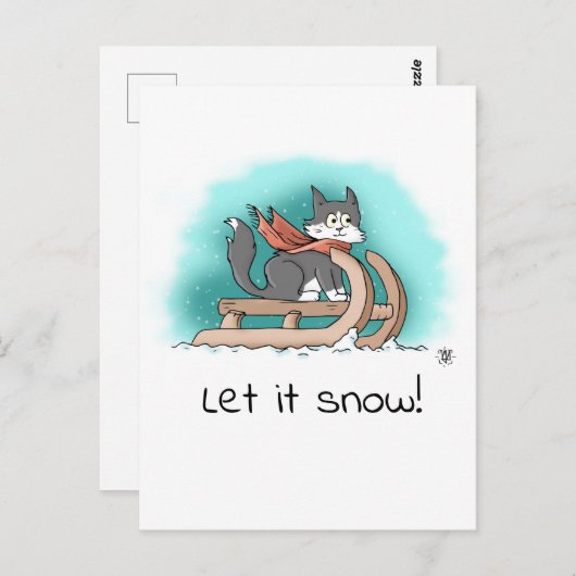 勇敢な白黒の漫画の猫がスノースレッジに乗って雪の中を駆ける ポストカード (正面/裏面)
