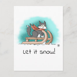 勇敢な白黒の漫画の猫がスノースレッジに乗って雪の中を駆ける ポストカード