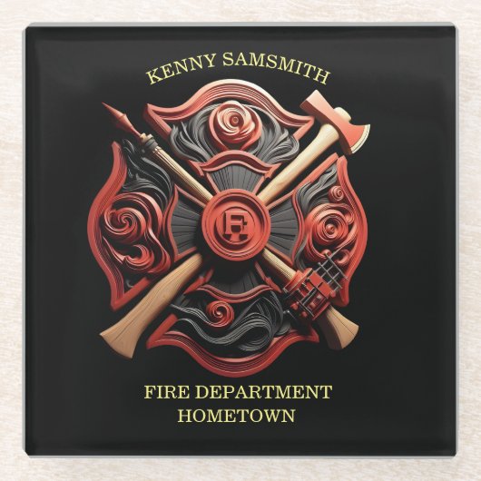 勇気と献身の消防署エンブレム ガラスコースター (正面)