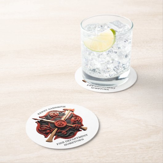 勇気と献身の消防署エンブレム ラウンドペーパーコースター (インサイチュ)