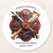 勇気と献身の消防署エンブレム ラウンドペーパーコースター (正面)