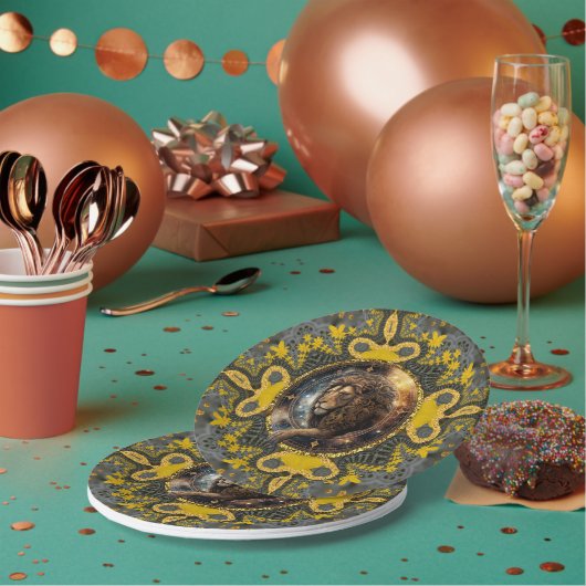 勇気のあるレオ〔占星術の〕十二宮図金ゴールドイエローフラクタルマンダラ ペーパープレート (複数)