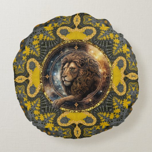 勇気のあるレオ〔占星術の〕十二宮図金ゴールドイエローフラクタルマンダラ ラウンドクッション (裏面)