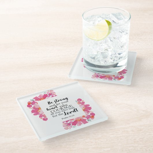 勇気を出してゆき、ピンクのフローラ聖書 ガラスコースター (アングル)