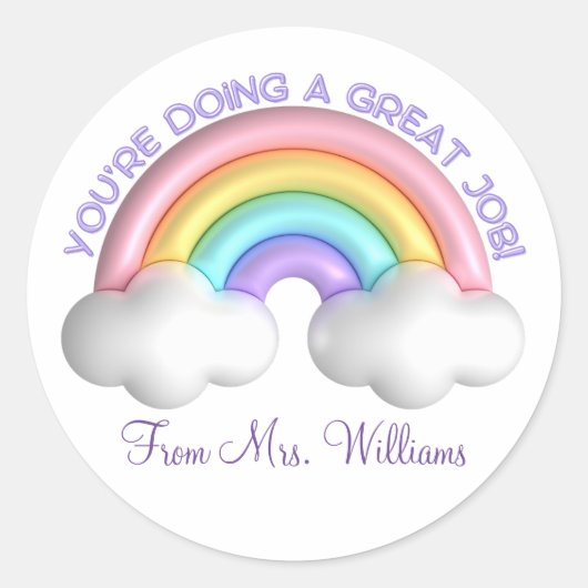 勇気付けられるカラフルかわいいレインボー先生 ラウンドシール (正面)