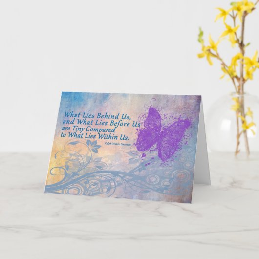 勇気付けられるカード蝶、エマーソンの引用文 カード (黄色い花)