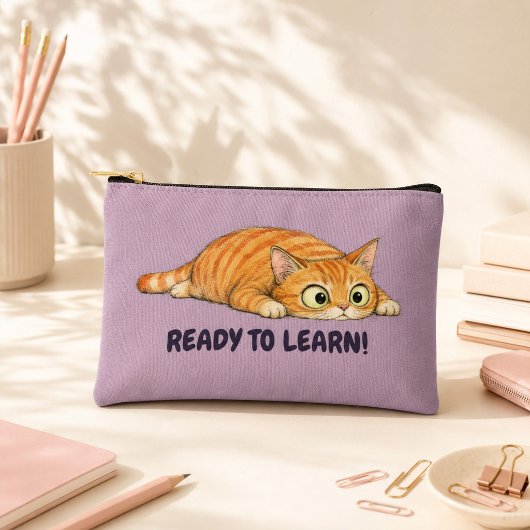 勉強する準備OKのオレンジ色の猫のマーブルの筆箱 アクセサリーポーチ
