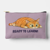 勉強する準備OKのオレンジ色の猫のマーブルの筆箱 アクセサリーポーチ (正面)
