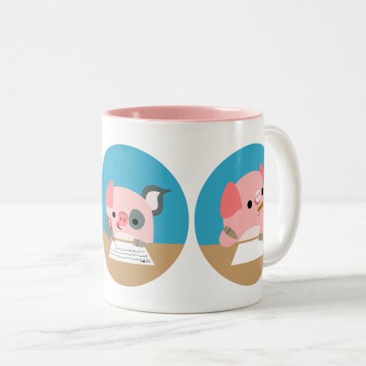 勉強のマグの3匹のかわいい漫画のコブタ ツートーンマグカップ (正面右)