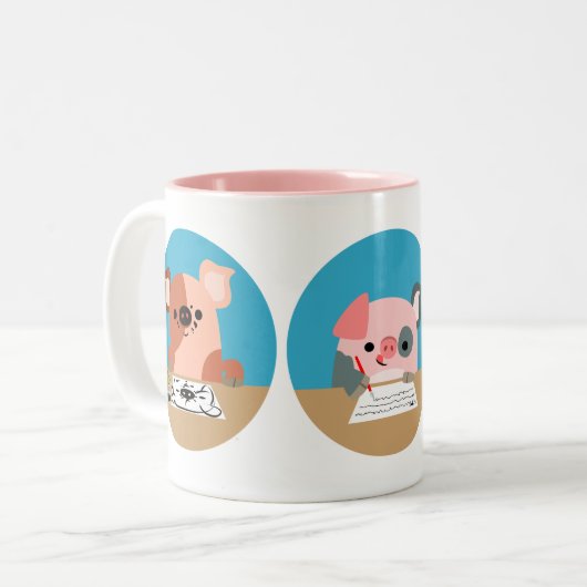 勉強のマグの3匹のかわいい漫画のコブタ ツートーンマグカップ (正面左)