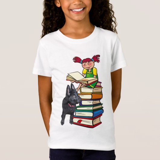 勉強バディGSD子犬と学校の女の子オンブックス Tシャツ (正面)
