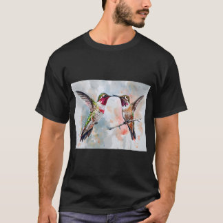 動きのある2羽のハチドリの水彩画 Tシャツ