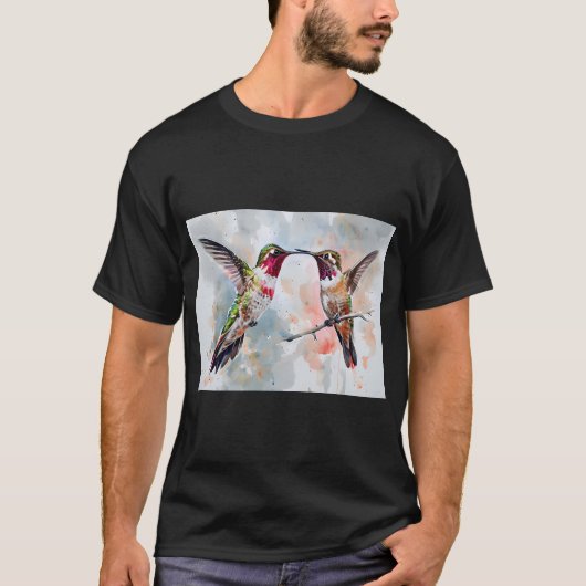 動きのある2羽のハチドリの水彩画 Tシャツ (正面)