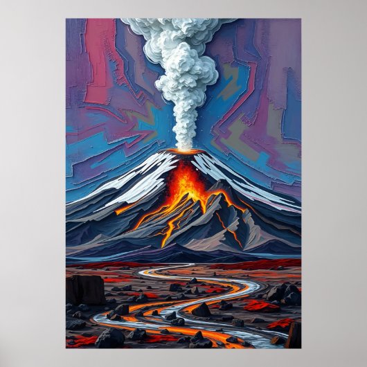 動きの噴火 – Fiery Volcano Landscape Art ポスター (正面)