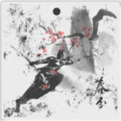 動き出す侍武者 - 水墨画アート シール (正面)
