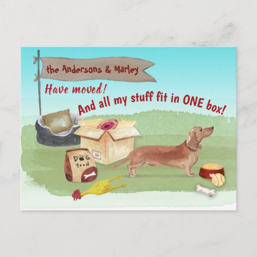 動く茶色のダックスフンド犬のおもちゃ我々の新しい家      ポストカード (正面)