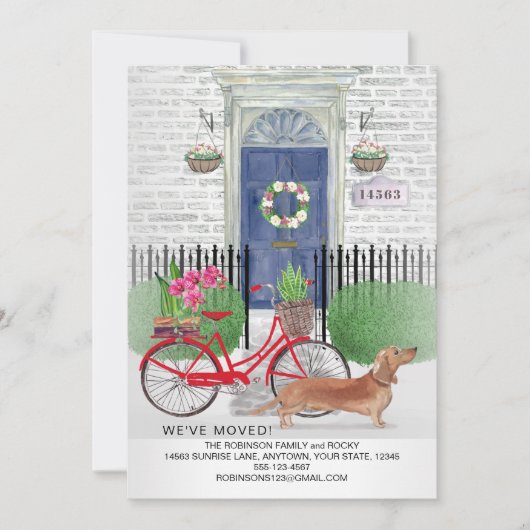 動く茶色のダックスフンド犬の自転車ドア新しい家  案内状 (正面)