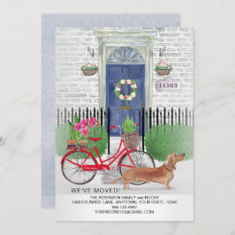 動く茶色のダックスフンド犬の自転車ドア新しい家  案内状