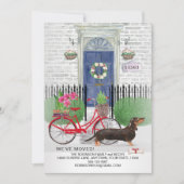 動く黒いダックスフンド犬の自転車ドアが新しい家に  案内状 (正面)