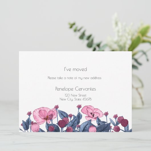 動モダンかしたほこりっぽい青ピンクのワイルドフラワー 案内状 (スタンド正面)