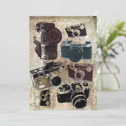 動揺してなカメラマンの写真撮影のレトロのカメラ 招待状 (スタンド正面)