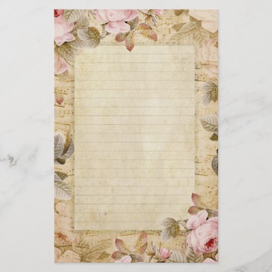 動揺してなヴィンテージのピンク花および音楽 便箋 (正面)