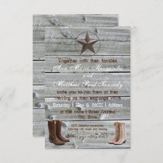 動揺してな木製のカウボーイのブーツ3x5Weddingの招待状 招待状 (正面/裏面)