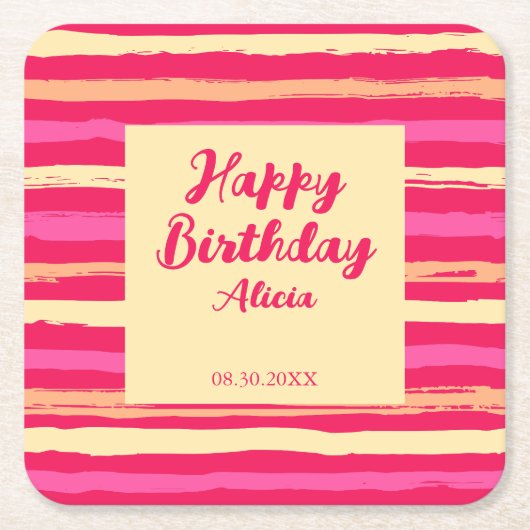 動揺してカラフルストライプ誕生日 スクエアペーパーコースター (正面)