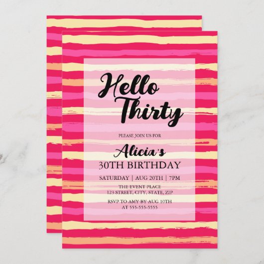 動揺してストライプピンクカラフル30歳の誕生日 招待状 (正面/裏面)