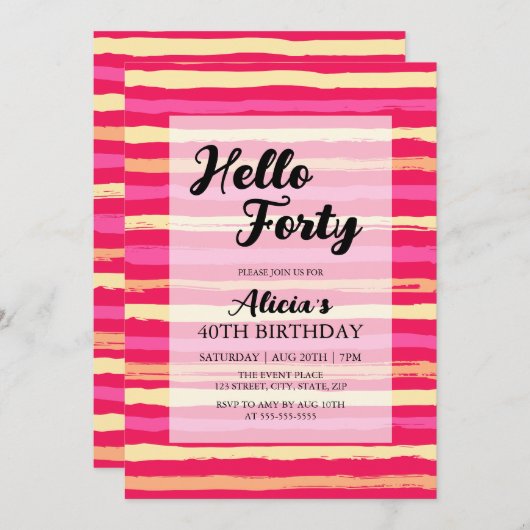 動揺してストライプピンクカラフル40歳の誕生日 招待状 (正面/裏面)