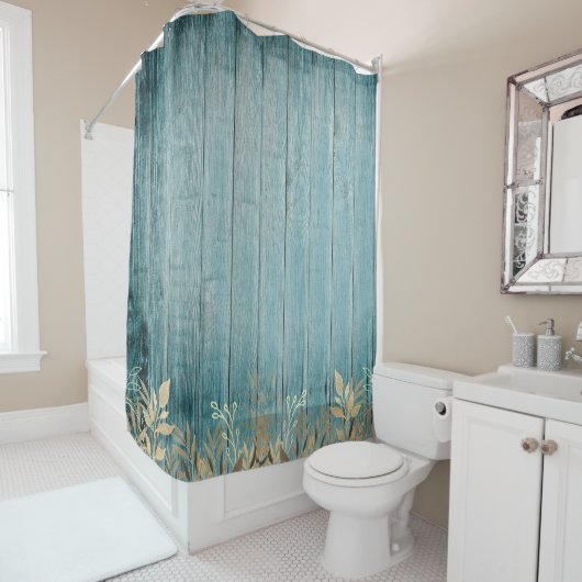 動揺してティール(緑がかった色)グリーンボードセピア葉 シャワーカーテン (インサイチュ)