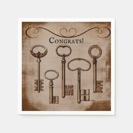 動揺してビクトリアンヴィンテージアンティーク鍵 スタンダードカクテルナプキン (正面)