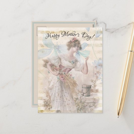 動揺してファンタジー女性が花粒集め シーズンポストカード (正面/裏面インサイチュ)