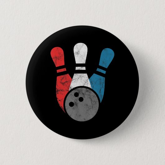 動揺してボーリング男性へボーリングピン及びボール 缶バッジ (正面)